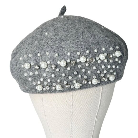 NEW Beret Hat Gray Wool Felt Beaded Embellished Rhinestones Pearls Coquette 90s - Picture 3 of 12